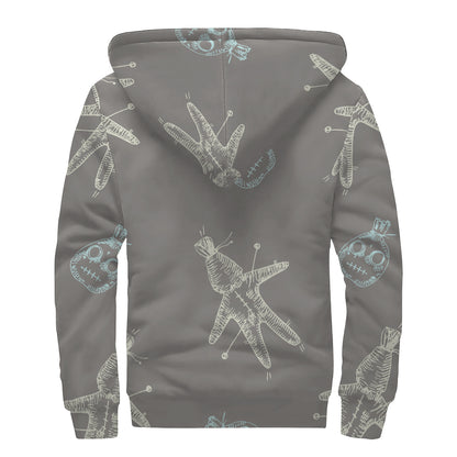 Cartoon Voodoo Doll Pattern Print Sherpa Lined Zip Up Hoodie