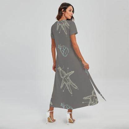 Cartoon Voodoo Doll Pattern Print Short Sleeve Maxi Dress