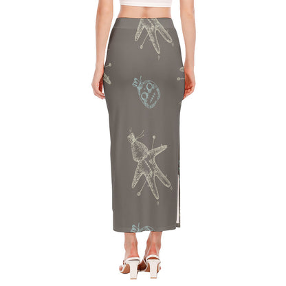 Cartoon Voodoo Doll Pattern Print Side Slit Maxi Skirt
