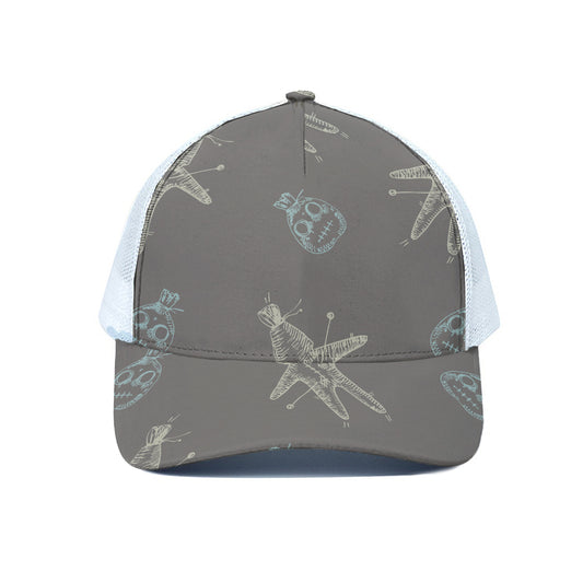 Cartoon Voodoo Doll Pattern Print White Mesh Trucker Cap