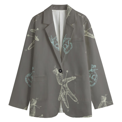 Cartoon Voodoo Doll Pattern Print Women's Cotton Blazer