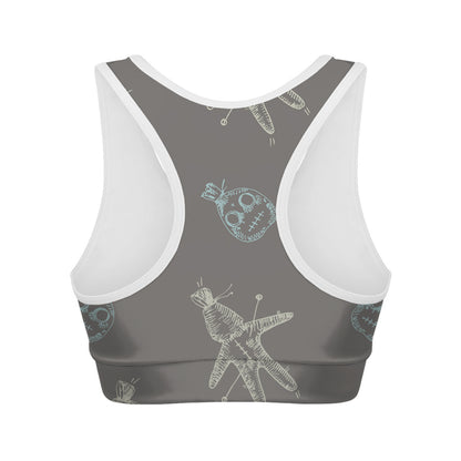 Cartoon Voodoo Doll Pattern Print Women's Sports Bra