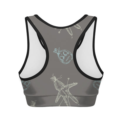 Cartoon Voodoo Doll Pattern Print Women's Sports Bra