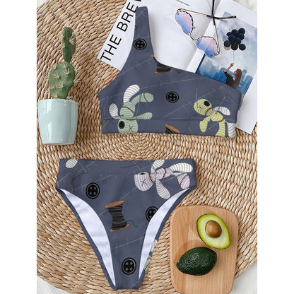 Cartoon Voodoo Doll Print One Shoulder Bikini Top