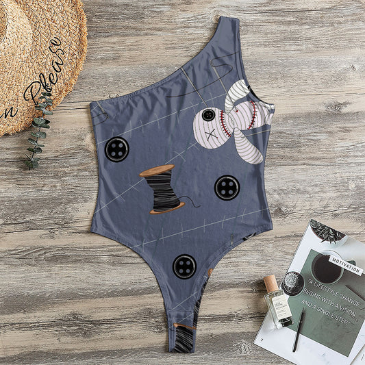 Cartoon Voodoo Doll Print One Shoulder Bodysuit