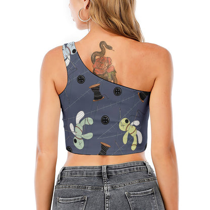 Cartoon Voodoo Doll Print One Shoulder Crop Top