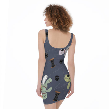 Cartoon Voodoo Doll Print Sleeveless Bodycon Dress
