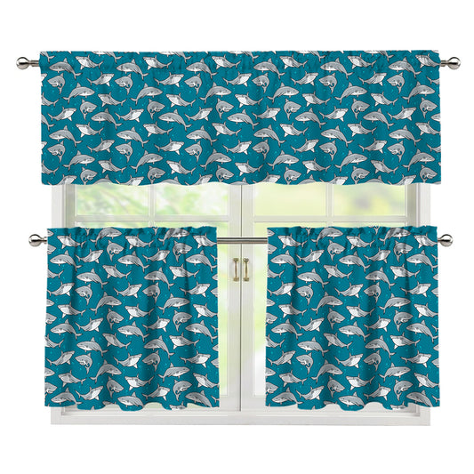 Cartoon White Shark Pattern Print 3 Piece Kitchen Curtains
