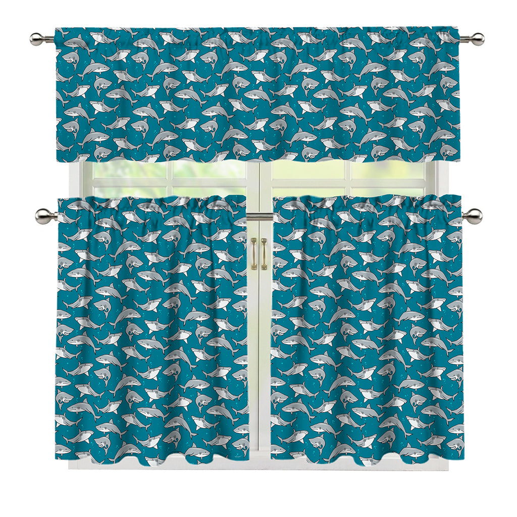 Cartoon White Shark Pattern Print 3 Piece Kitchen Curtains