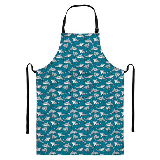 Cartoon White Shark Pattern Print Bib Apron With Pocket