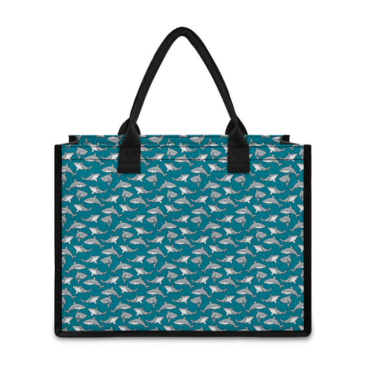 Cartoon White Shark Pattern Print Canvas Tote Bag