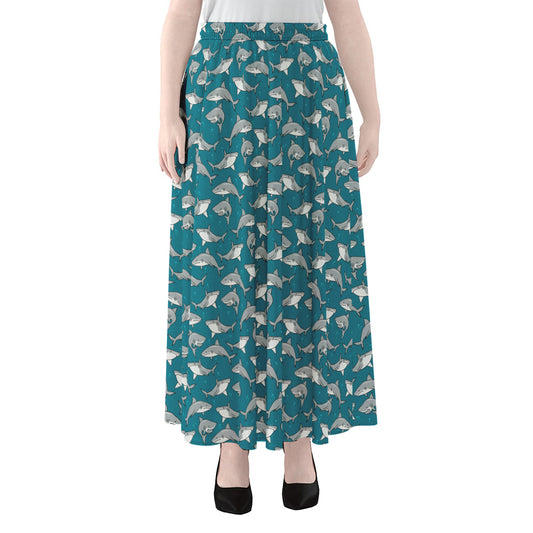 Cartoon White Shark Pattern Print Chiffon Maxi Skirt