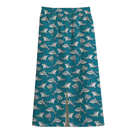 Cartoon White Shark Pattern Print Cotton Front Slit Maxi Skirt