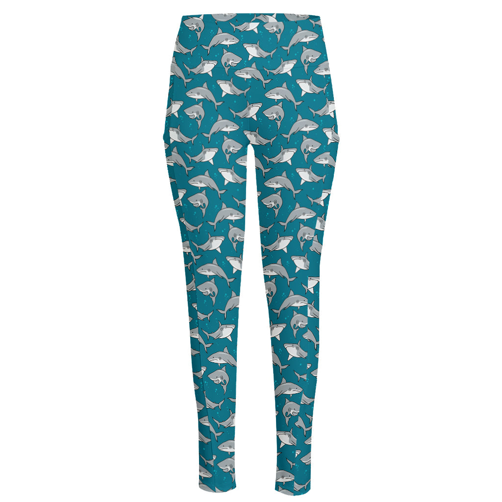 Cartoon White Shark Pattern Print High-Waisted Pocket Leggings