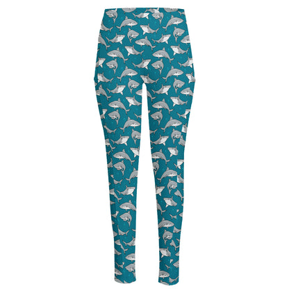 Cartoon White Shark Pattern Print High-Waisted Pocket Leggings