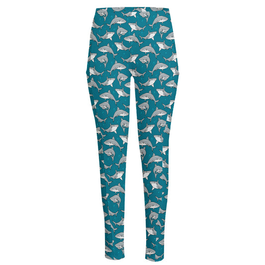 Cartoon White Shark Pattern Print High-Waisted Pocket Leggings