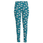 Cartoon White Shark Pattern Print High-Waisted Pocket Leggings
