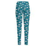 Cartoon White Shark Pattern Print High-Waisted Pocket Leggings