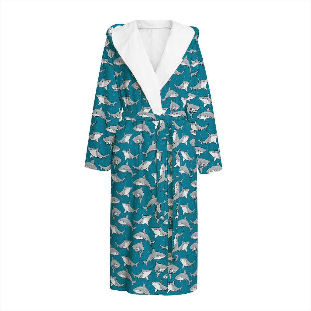 Cartoon White Shark Pattern Print Hooded Bathrobe