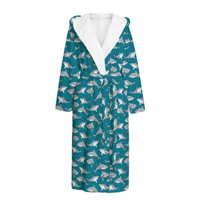 Cartoon White Shark Pattern Print Hooded Bathrobe
