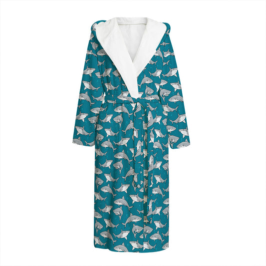 Cartoon White Shark Pattern Print Hooded Bathrobe