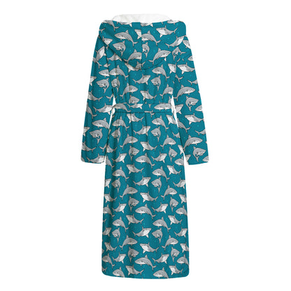 Cartoon White Shark Pattern Print Hooded Bathrobe