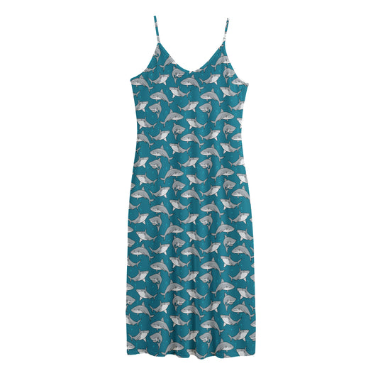 Cartoon White Shark Pattern Print Jersey Midi Cami Dress