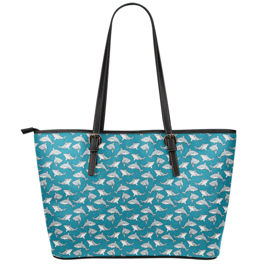 Cartoon White Shark Pattern Print Leather Tote Bag