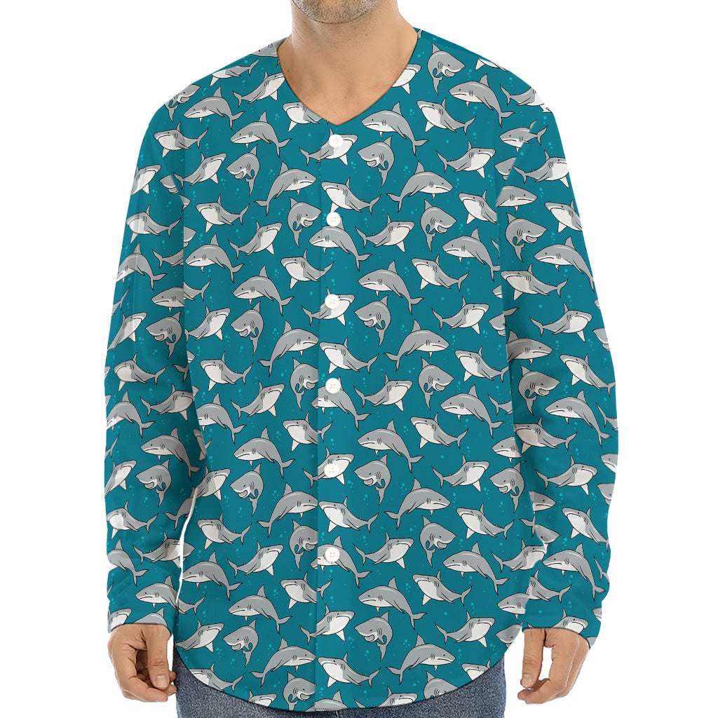 Cartoon White Shark Pattern Print Long Sleeve Baseball Jersey