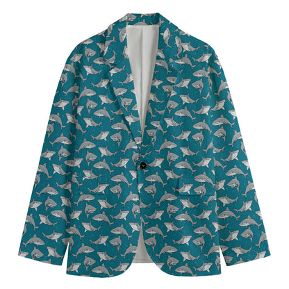 Cartoon White Shark Pattern Print Men's Blazer