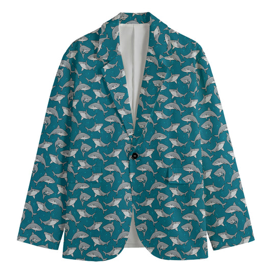 Cartoon White Shark Pattern Print Men's Blazer