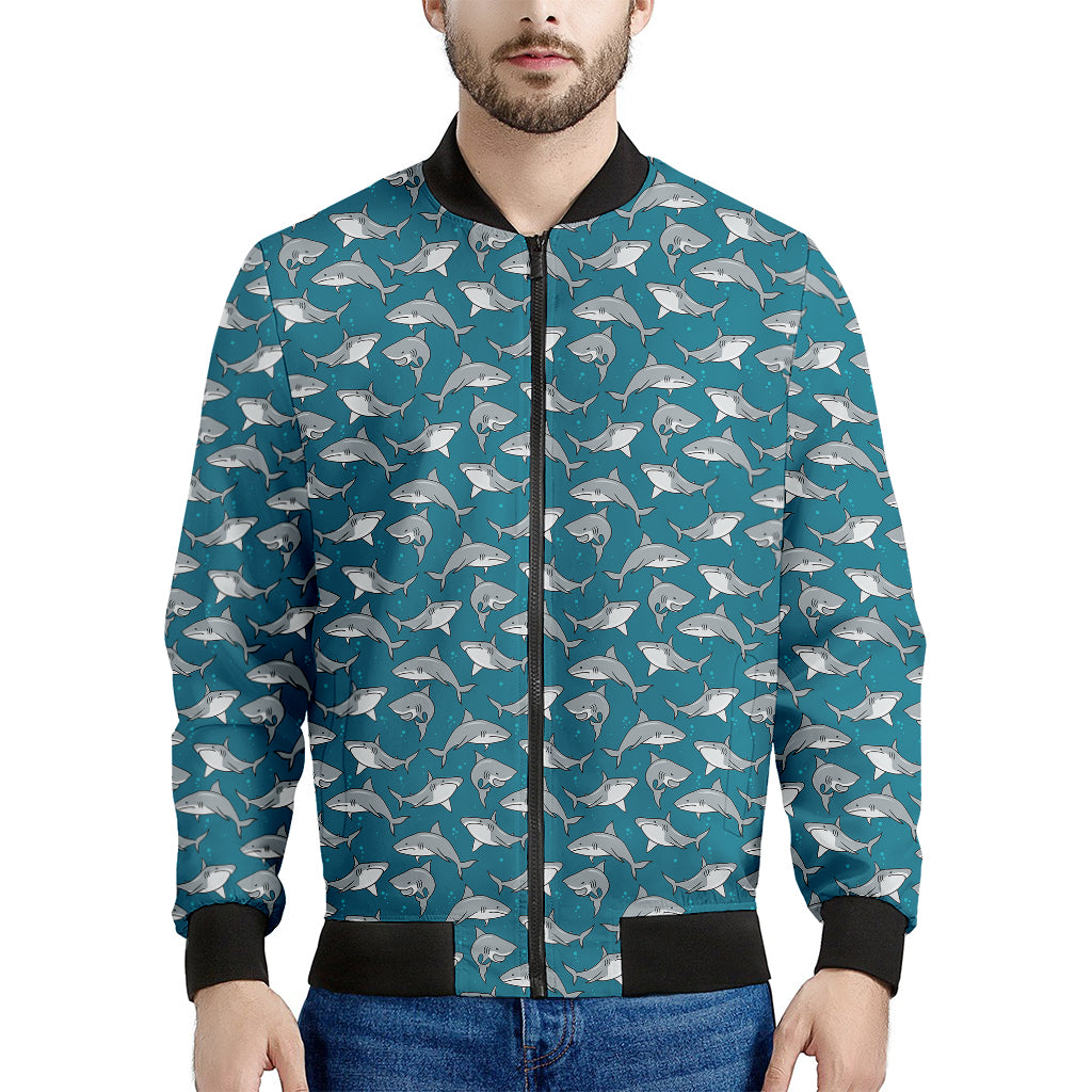 Cartoon White Shark Pattern Print Men's Bomber Jacket