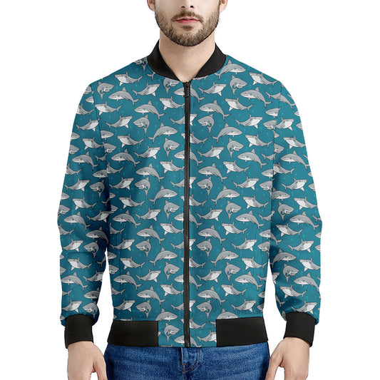 Cartoon White Shark Pattern Print Men's Bomber Jacket