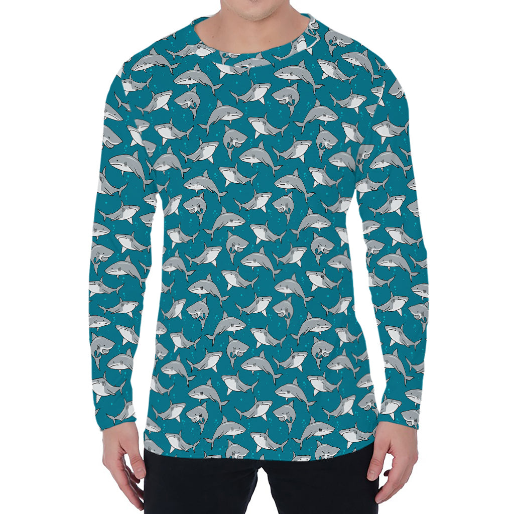 Cartoon White Shark Pattern Print Men's Long Sleeve T-Shirt