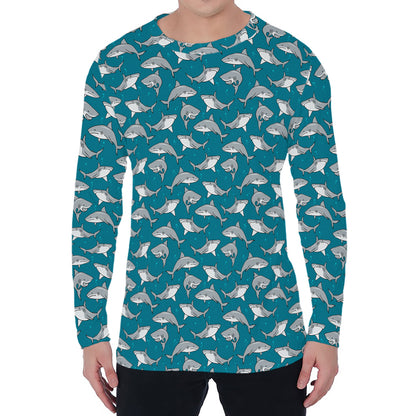 Cartoon White Shark Pattern Print Men's Long Sleeve T-Shirt