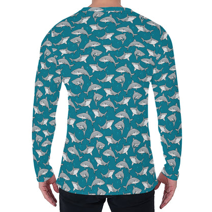 Cartoon White Shark Pattern Print Men's Long Sleeve T-Shirt