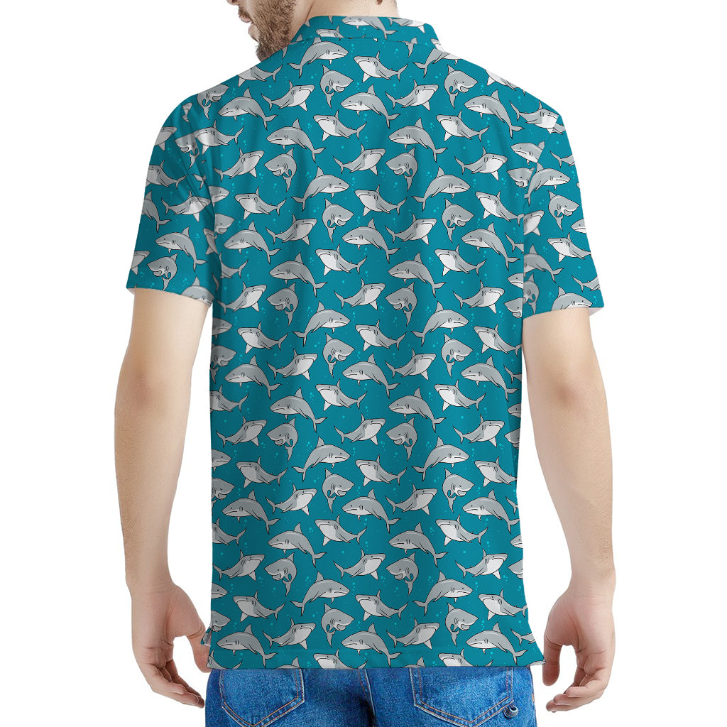 Cartoon White Shark Pattern Print Men's Polo Shirt