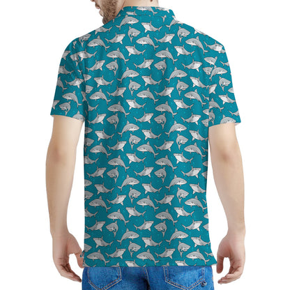 Cartoon White Shark Pattern Print Men's Polo Shirt