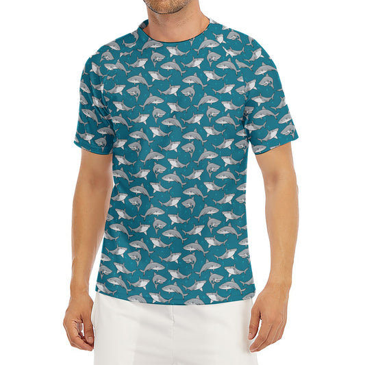 Cartoon White Shark Pattern Print Men's Short Sleeve Rash Guard