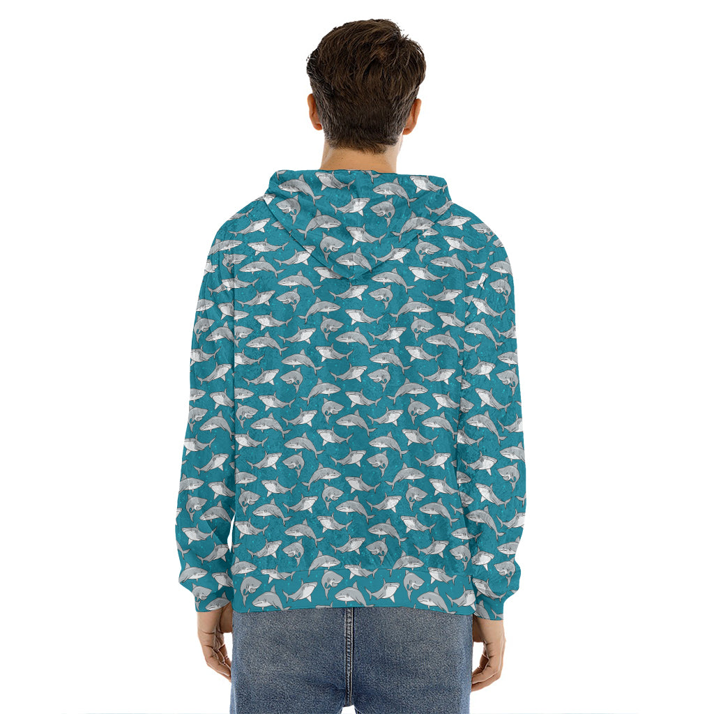Cartoon White Shark Pattern Print Men's Velvet Pullover Hoodie