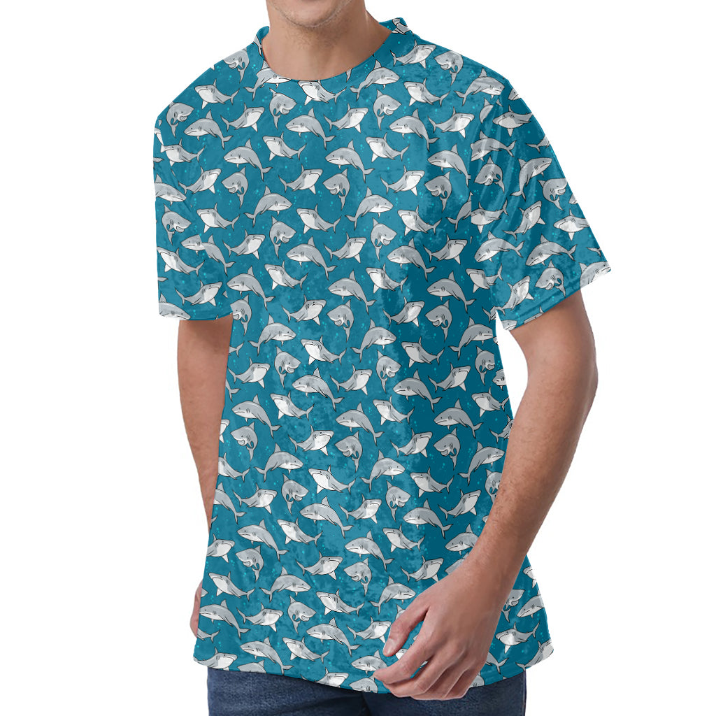 Cartoon White Shark Pattern Print Men's Velvet T-Shirt
