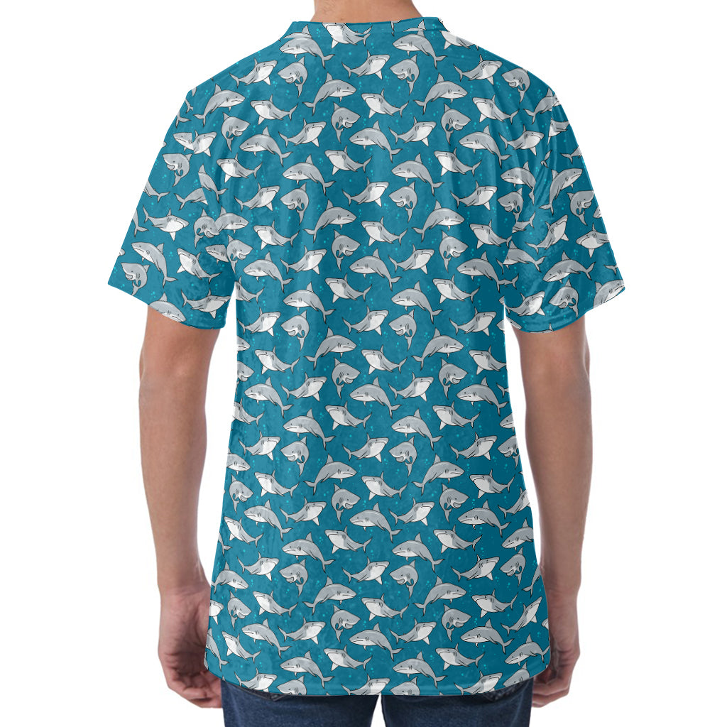 Cartoon White Shark Pattern Print Men's Velvet T-Shirt