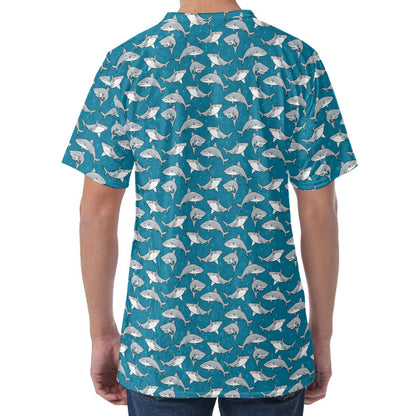 Cartoon White Shark Pattern Print Men's Velvet T-Shirt