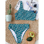 Cartoon White Shark Pattern Print One Shoulder Bikini Top