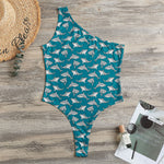 Cartoon White Shark Pattern Print One Shoulder Bodysuit