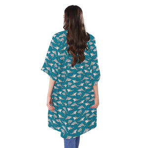 Cartoon White Shark Pattern Print Open Front Beach Cover Up