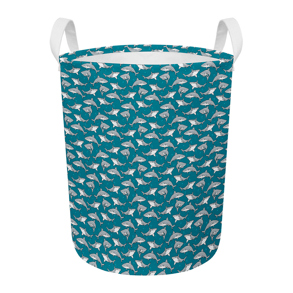Cartoon White Shark Pattern Print Round Laundry Basket