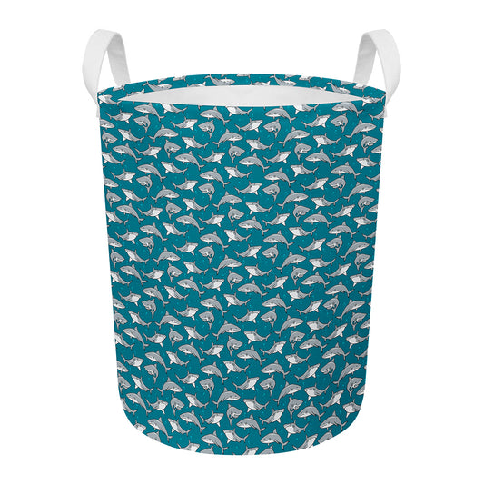 Cartoon White Shark Pattern Print Round Laundry Basket