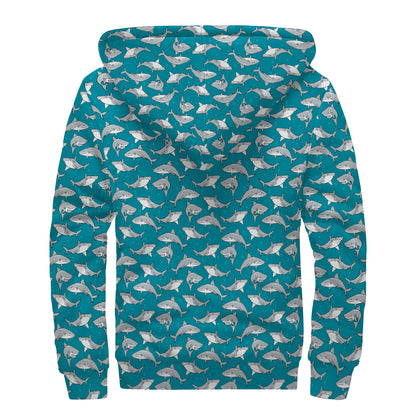Cartoon White Shark Pattern Print Sherpa Lined Zip Up Hoodie