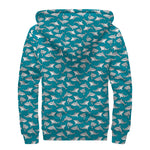 Cartoon White Shark Pattern Print Sherpa Lined Zip Up Hoodie